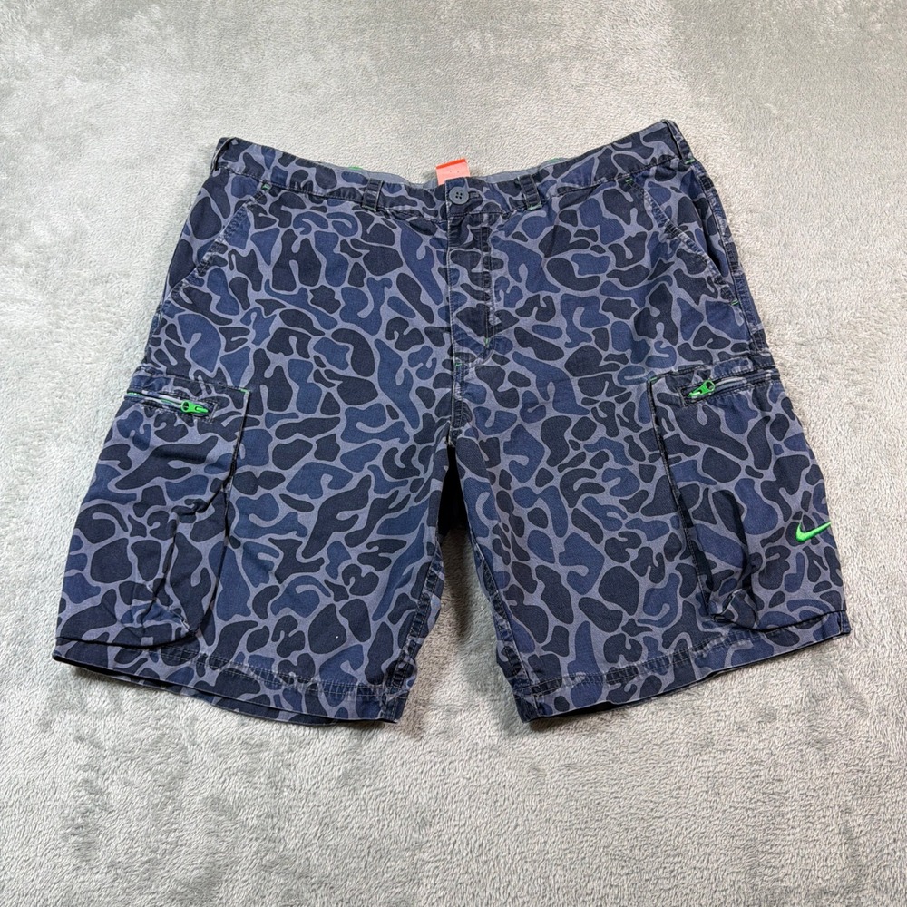 Nike Athletic Department Cargo Shorts Mens 36 Black Blue Duck Camo 9" Inseam Y2K